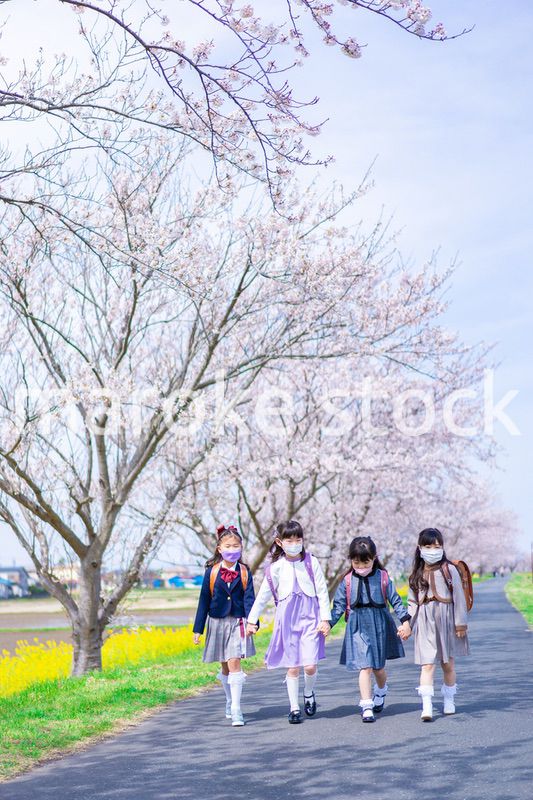 マスクをして小学校に登校する女の子たち