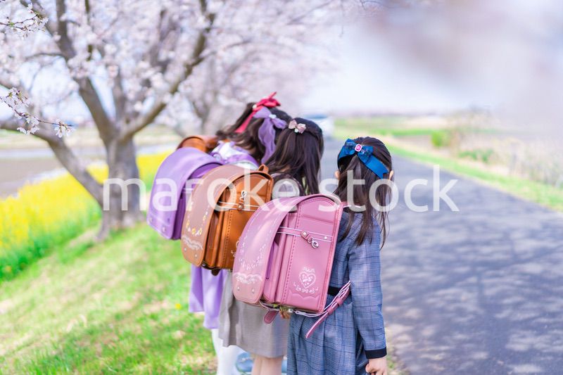 ランドセルを背負って楽しく登校する小学生の女の子たち