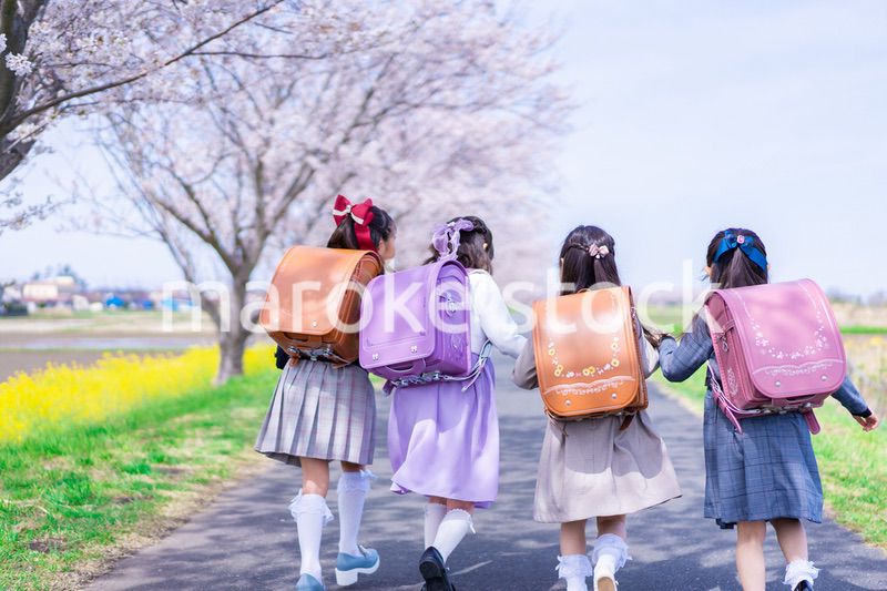 ランドセルを背負って楽しく登校する小学生の女の子たち