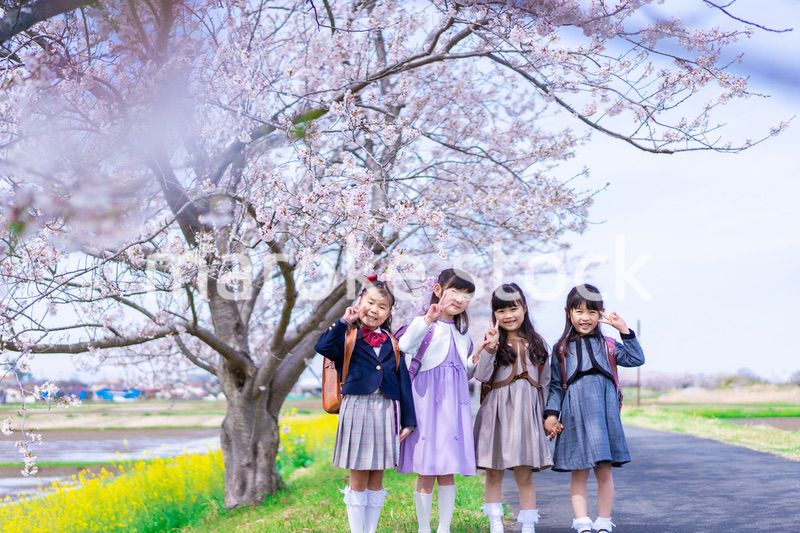 ランドセルを背負って楽しく登校する小学生の女の子たち