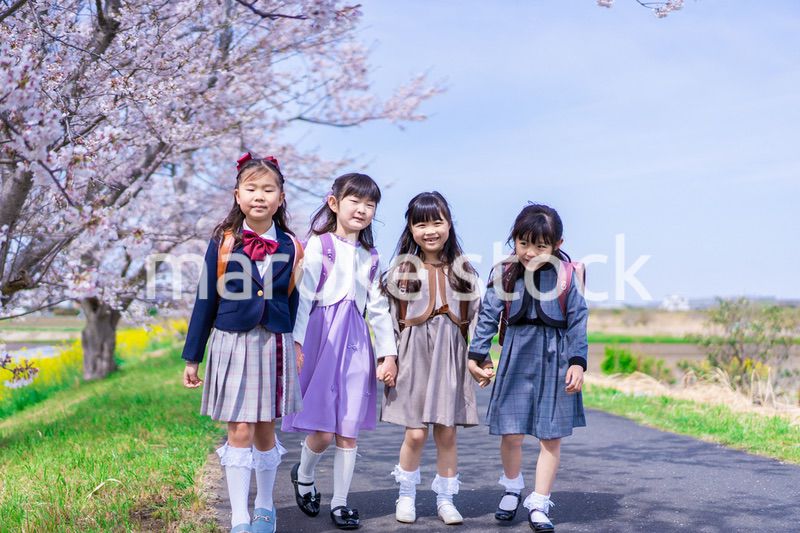 ランドセルを背負って楽しく登校する小学生の女の子たち