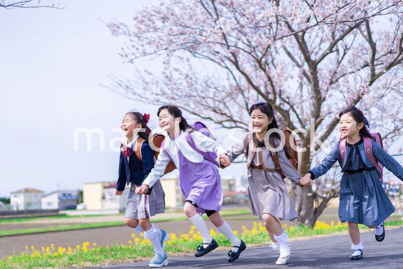 ランドセルを背負って楽しく登校する小学生の女の子たち