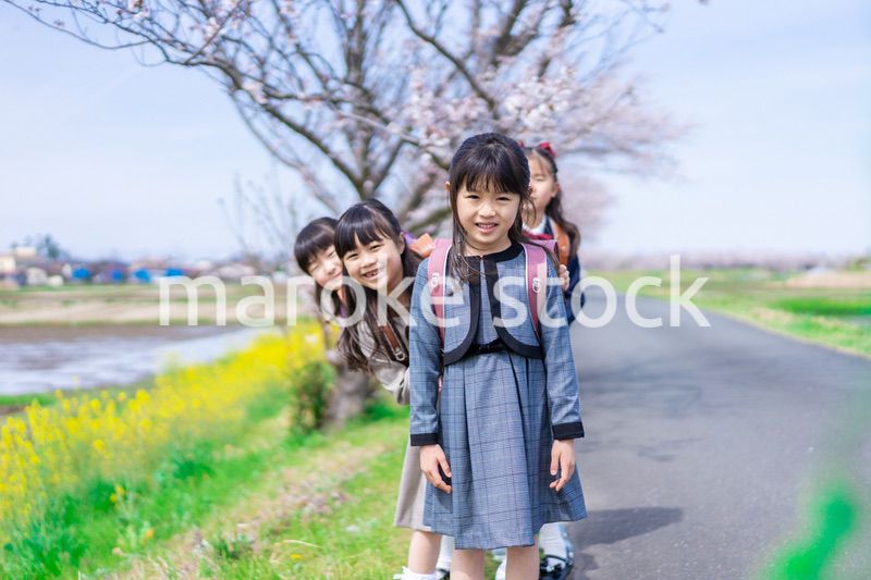 登下校中に通学路で遊ぶ小学生の女の子たち