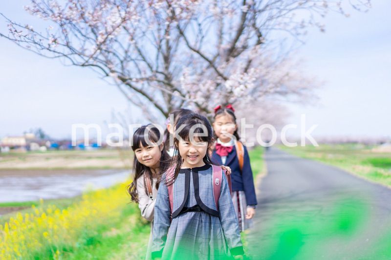 登下校中に通学路で遊ぶ小学生の女の子たち