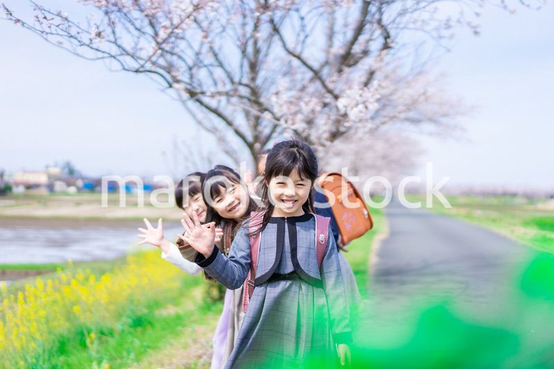 登下校中に通学路で遊ぶ小学生の女の子たち