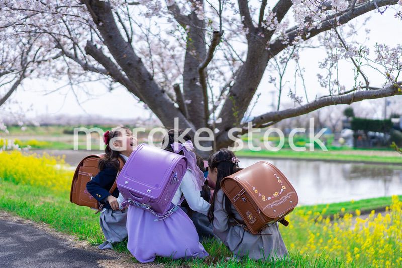 登下校中に通学路で遊ぶ小学生の女の子たち