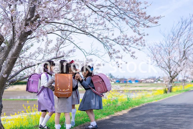 登下校中に通学路で遊ぶ小学生の女の子たち