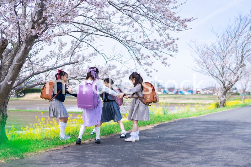 登下校中に通学路で遊ぶ小学生の女の子たち