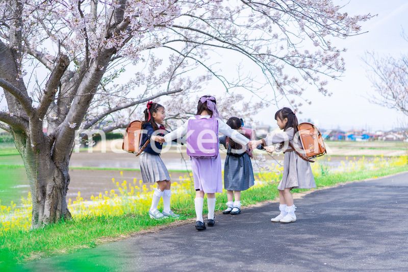 登下校中に通学路で遊ぶ小学生の女の子たち