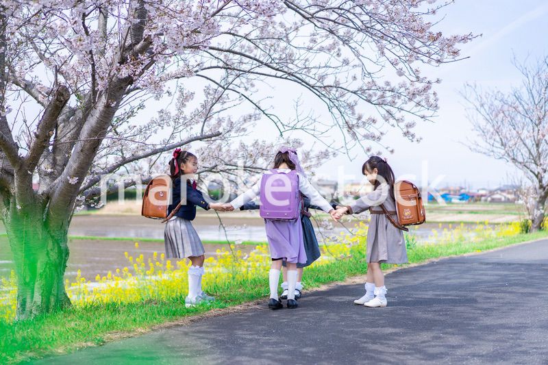 登下校中に通学路で遊ぶ小学生の女の子たち