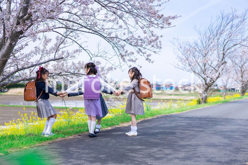 登下校中に通学路で遊ぶ小学生の女の子たち