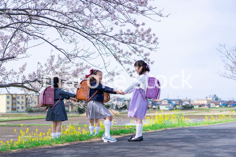 登下校中に通学路で遊ぶ小学生の女の子たち