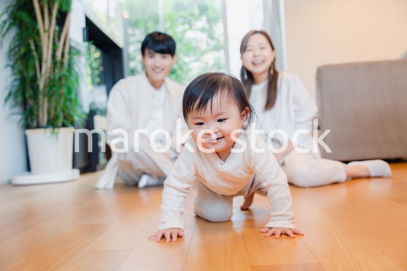 ハイハイをする赤ちゃんと子供の成長を見守る両親