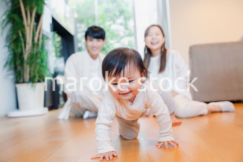 ハイハイをする赤ちゃんと子供の成長を見守る両親