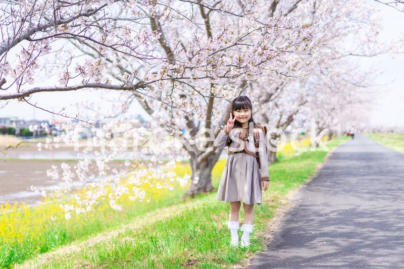 桜の木の下でピースをする女の子