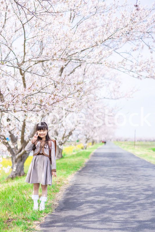 桜の木の下でピースをする女の子