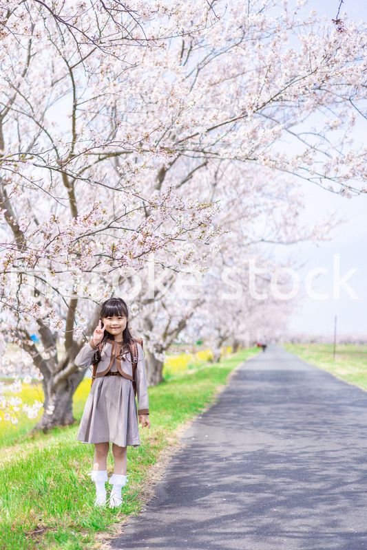 桜の木の下でピースをする女の子