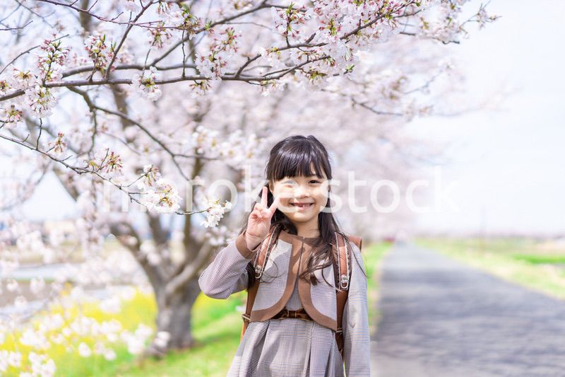 桜の木の下でピースをする女の子