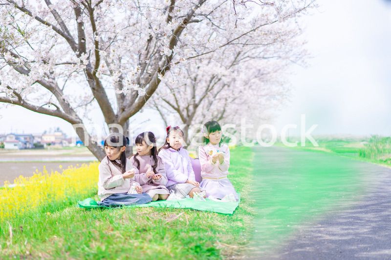桜の木の下でピクニックをする小さな女の子たち