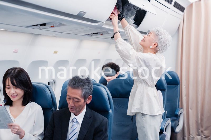 機内持ち込みの荷物を取り出す乗客