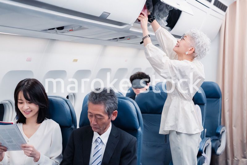 機内持ち込みの荷物を取り出す乗客