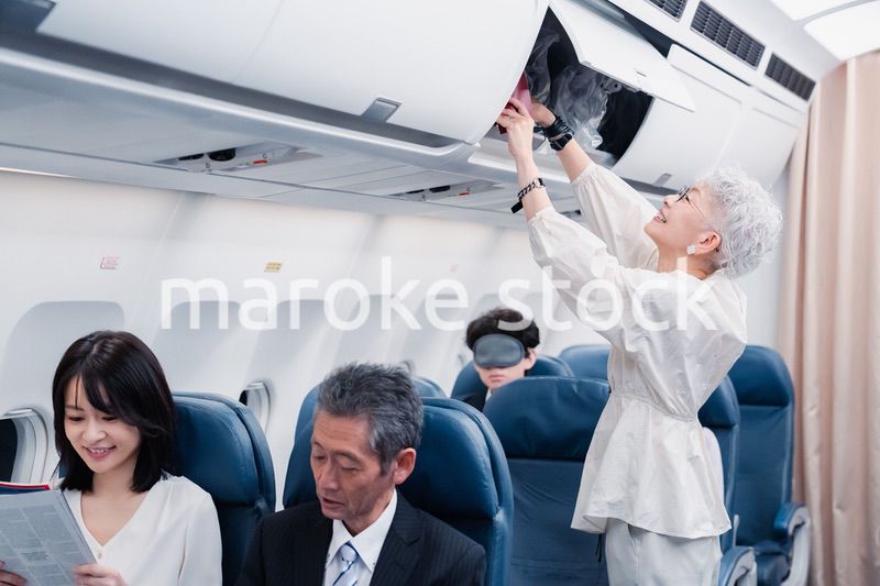 機内持ち込みの荷物を取り出す乗客