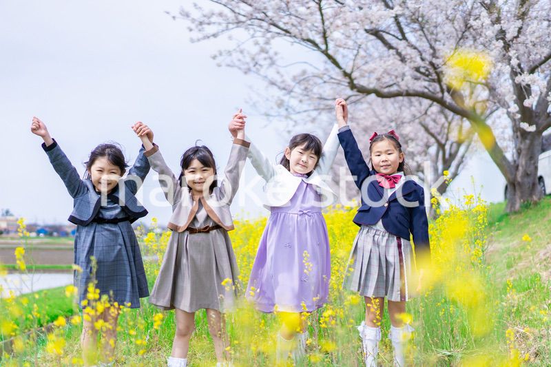お花畑で仲良く遊ぶ小学生の女の子