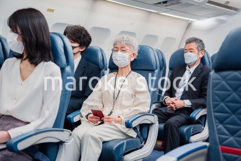 マスクをして飛行機に乗る乗客