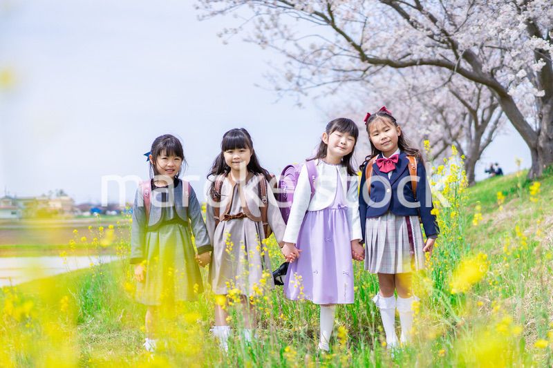 お花畑で仲良く遊ぶ小学生の女の子