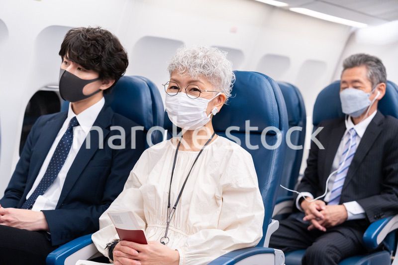 マスクをして飛行機に乗る乗客
