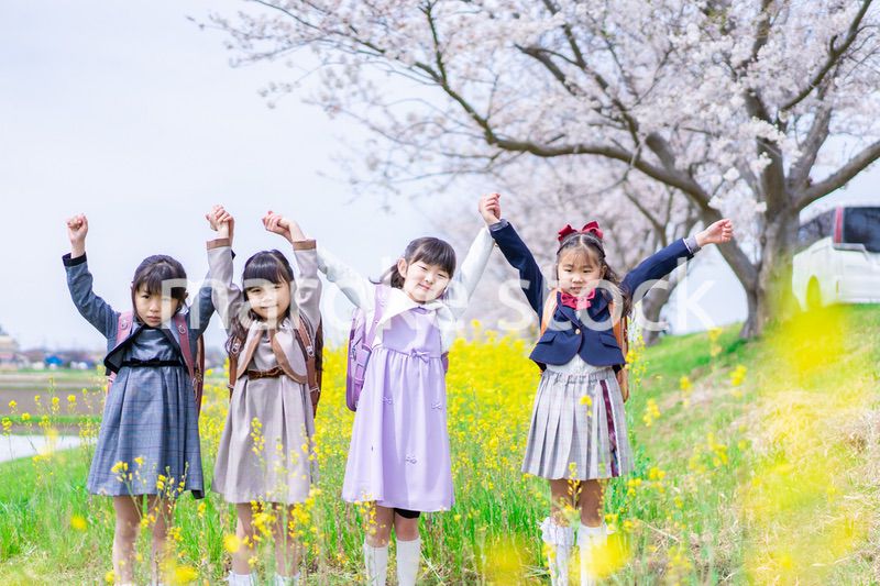 お花畑で仲良く遊ぶ小学生の女の子