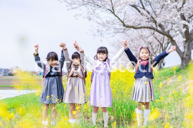 お花畑で仲良く遊ぶ小学生の女の子