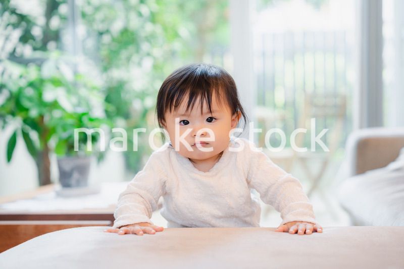 家でつかまり立ちをする赤ちゃん