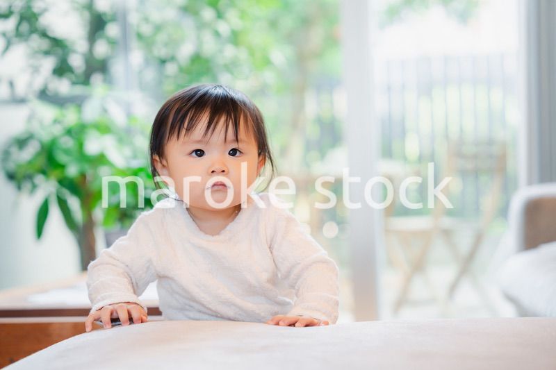 家でつかまり立ちをする赤ちゃん