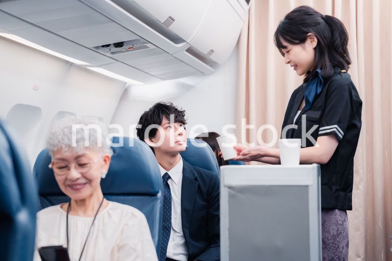 機内で飲み物の提供をするキャビンアテンダント