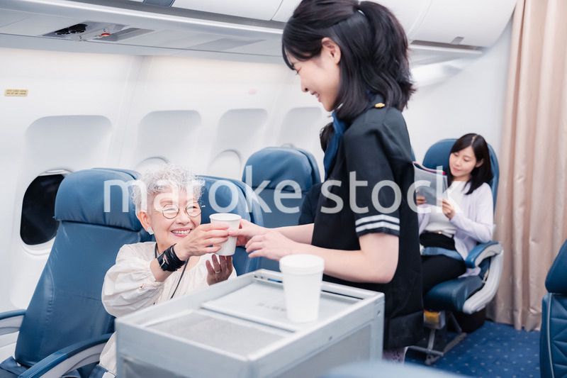 機内で飲み物の提供をするキャビンアテンダント