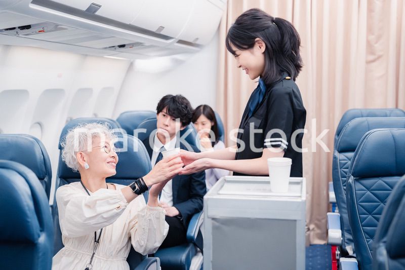 機内で飲み物の提供をするキャビンアテンダント