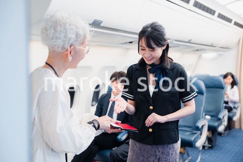 乗客に座席の案内をするキャビンアテンダント