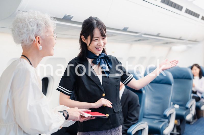 乗客に座席の案内をするキャビンアテンダント