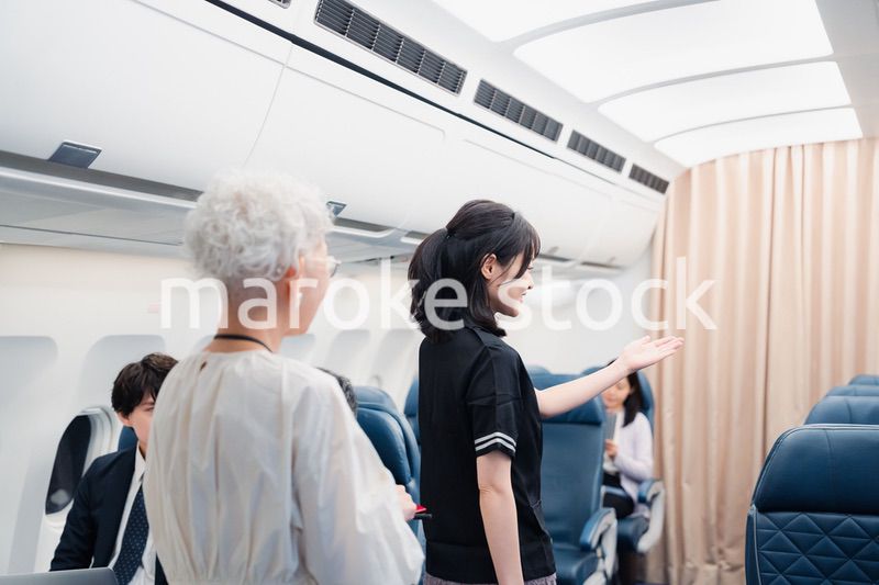 乗客に座席の案内をするキャビンアテンダント