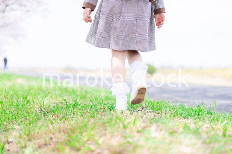 桜並木を歩くランドセルを背負った女の子