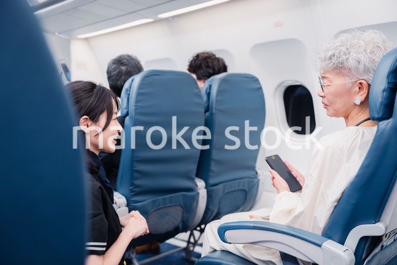 高齢の乗客を案内するキャビンアテンダント