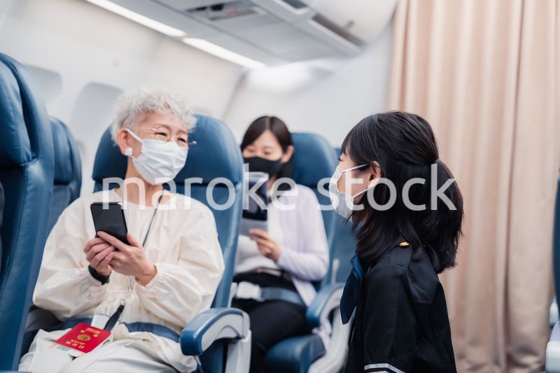 マスクをしてお客様の案内をするキャビンアテンダント