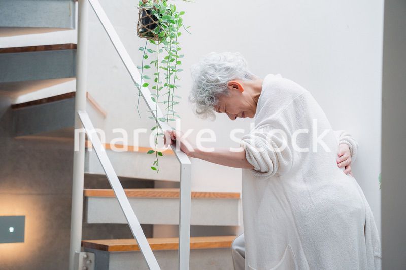 階段で腰痛に苦しむ高齢の女性