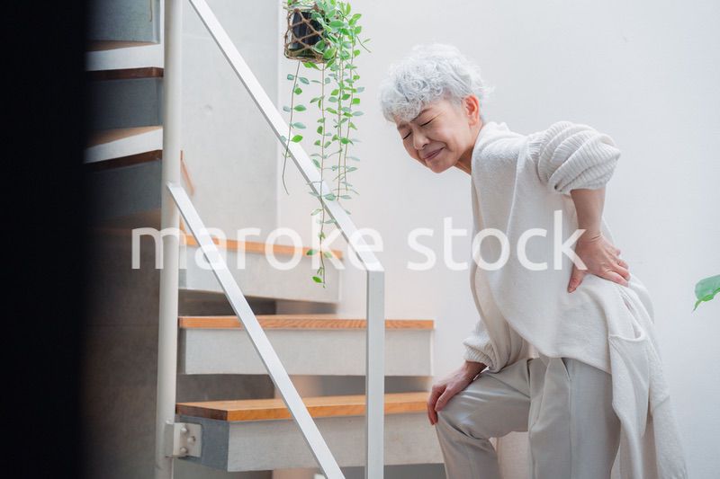 階段で腰痛に苦しむ高齢の女性