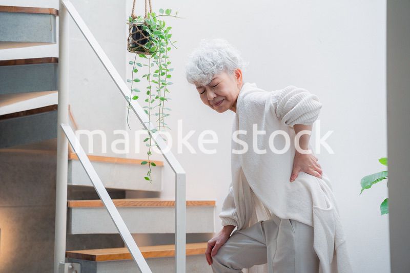 階段で腰痛に苦しむ高齢の女性