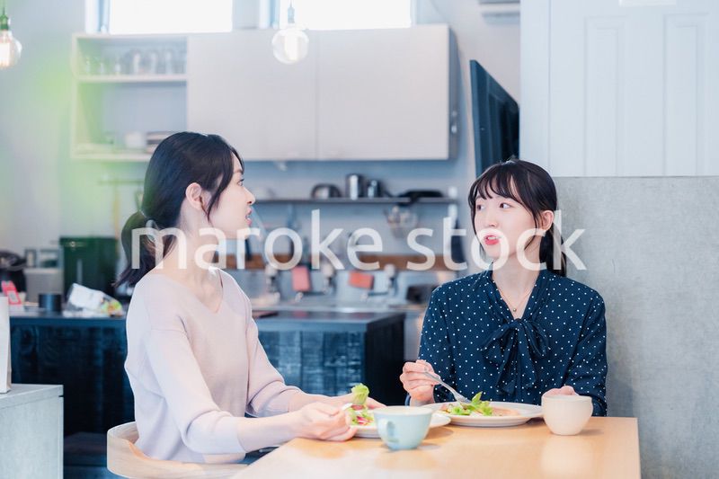 カフェでランチを食べる若い二人の女性