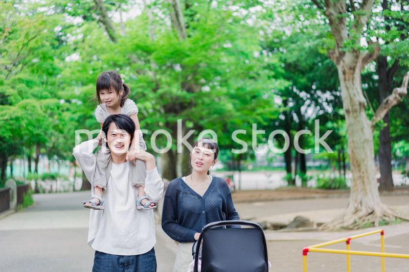 子供と一緒に公園を散歩する家族