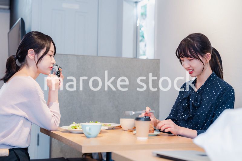 カフェでランチを食べる若い二人の女性