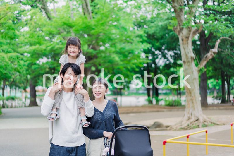 子供と一緒に公園を散歩する家族